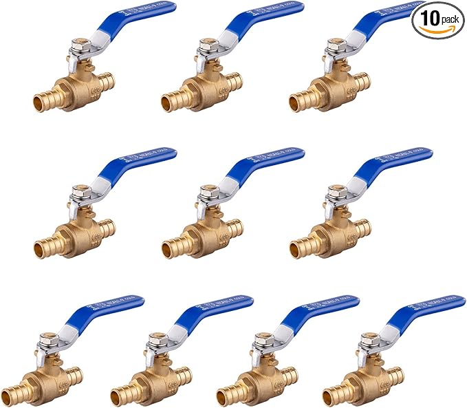 10-Pack EFIELD 3/4 Inch Barb Crimp Pex Brass Full Port Shut-off Ball Valve for Plumbing Application, Blue Level,(VALVE018)