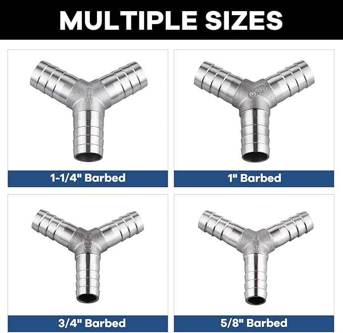304 Stainless Steel 5/8" Barb x 5/8" Barb 3 Way Tee Y Shape Joint Splicer Mender Fitting Union for Water, Fuel, Air - 2PCS