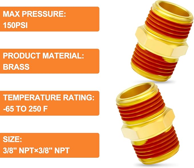GASHER 10PCS Brass Pipe Fitting, Hex Nipple, 3/8" Male Pipe x 3/8" Male Pipe With Sealant