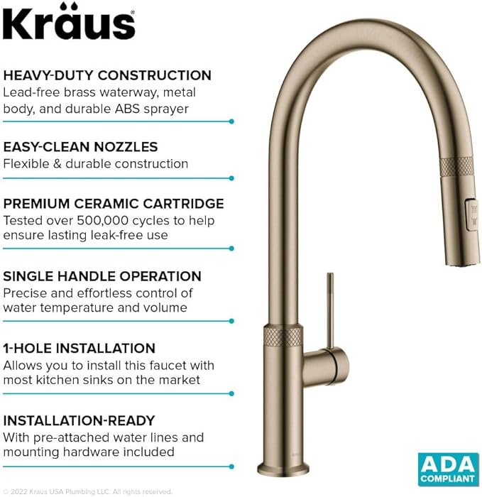 KRAUS Oletto Modern Industrial Pull-Down Single Handle Kitchen Faucet in Brushed Gold, KPF-2654BG