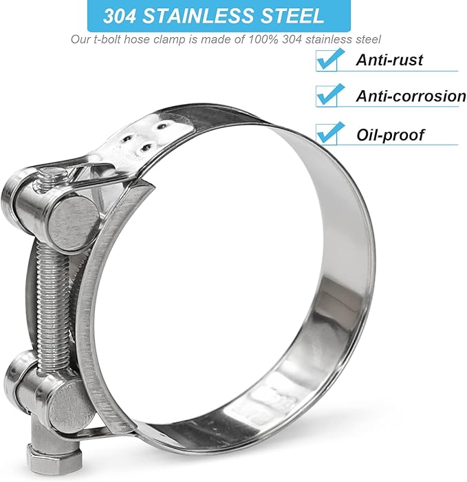 AKIHISA T-Bolt Hose Clamp,56-59mm OD Range 304 Stainless Steel Pipe Strap Clamp, Adjustable Heavy Duty Tube Clamp (2Pack, 2.20" to 2.32")