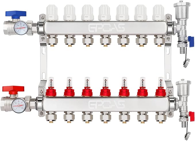 8 Branch Floor Radiant Heating Manifold PEX Tube Heating Hydronic Manifolds Stainless Steel Radiant Heat Pex Manifold Set for 1/2" Adapter