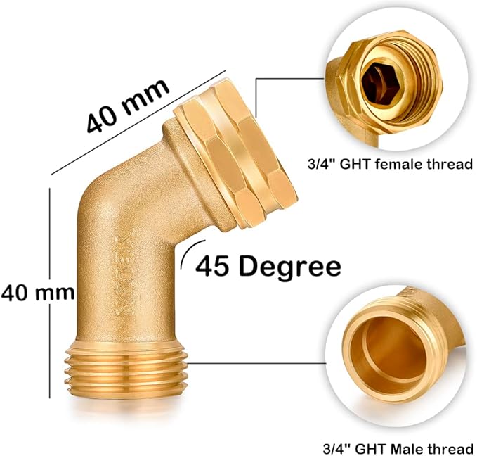 Garden Hose Elbow Connector 45 Degree Solid Brass Pipe Fittings -Eliminates Stress and Strain On RV Water Intake Hose Adapter 3/4" FHT x 3/4" MHT (45 Degree Hose Elbow)