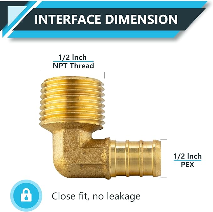 (100-Pack) PEX Fittings, Pex 1/2" x 1/2" Male Threaded NPT Elbow Adapter, Brass Crimp Fittings, for PEX Tubing Pipe Plumbing, ASTM F1807(PEX1807096-100Pack)