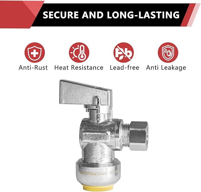 (Pack of 2) EFIELD Push Fit 1/4 Turn Angle Stop Valve Water Shut Off 1/2 Push x 3/8 Inch Compression Chrome,(PF-UNI004)