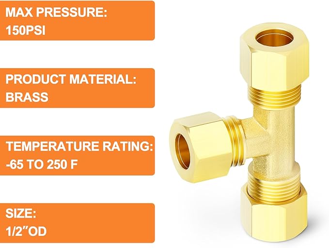 GASHER 2PCS Brass Compression Tube Pipe Fitting Connector, Tee，1/2" x 1/2" x 1/2" Tube OD Connector