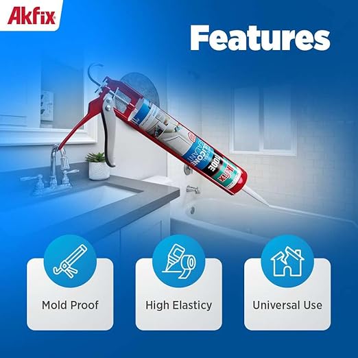 Akfix 100E RTV Silicone Caulk Clear (24x10.1 fl.oz.) - 100% Silicone Sealant Waterproof for Kitchen and Bathroom, Shower, Toilet, Sink, Window and Door, No Discoloring | Clear, 24 Pack
