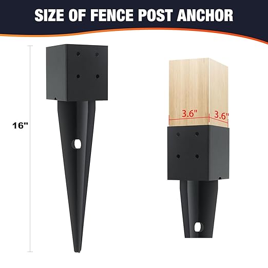 3 Pcs 4x4 Fence Post Anchor Ground Spike (Inner Size 3.6"x3.6") Black Powder Coated–Mailbox Post Anchors 16", for Deck,Fence,Railing,Mailbox..