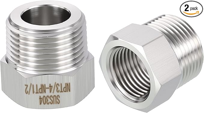 2 Pack 304 Stainless Steel Male to FeMale Adapters, 3/4" Male NPT x 1/2" FeMale NPT Hex Bushing Reducer for Industrial, Automotive, Fluid Transfer, Home Gardening, Water Treatment