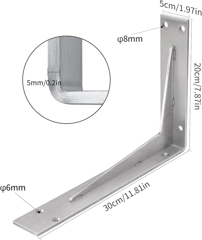 YUMORE Shelf Bracket Heavy Duty 12x8x2 in, 1/5IN Extra Thick Solid L Brackets Stainless Steel Countertop Bar Top Support Brackets Wall Mounted, Includes Hardware, 2 Pack
