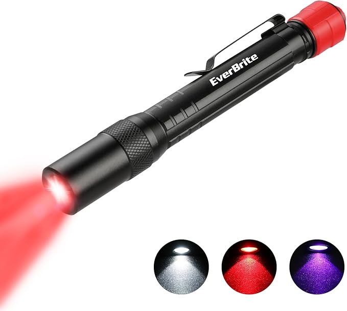 EverBrite Red Light Flashlight with 395nm Blacklight UV/White Light, Multi-Function LED Pocket Pen Light, AAA Batteries Included, for Night Vision, Pet Stain Detection, Camping