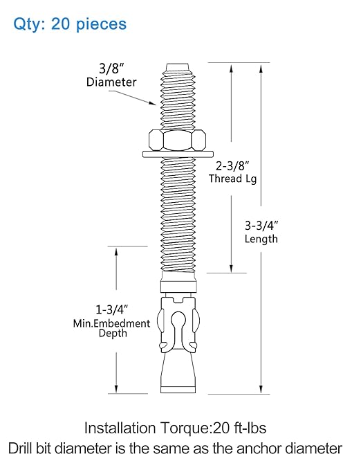 3/8 inch x 3-3/4 inch - 20 Pieces Wedge Anchor Zinc Plated Heavy Duty Fastener for Concrete