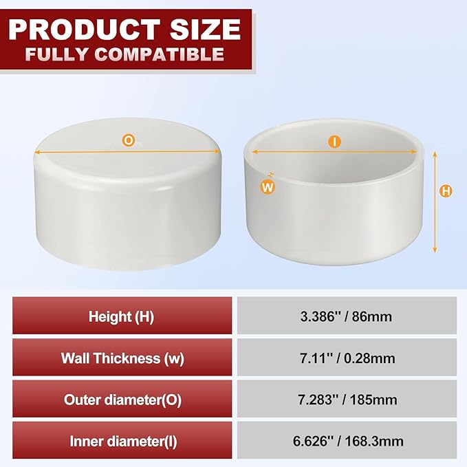 8Pcs 6" PVC External End Cap Fitting, SCH40 Furniture Grade PVC Pipe Plug Adapter, Pipe Cover Fittings for DIY Project, Irrigation System, Plumbing Framework, Garden Structures