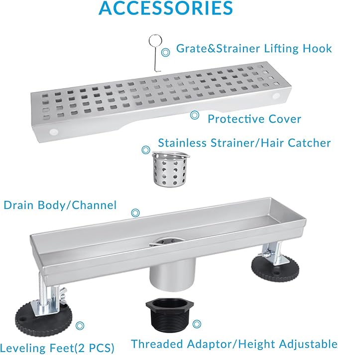 28 Inch Removable Cover Linear Shower Drain 304 Stainless Steel Rectangular Floor Drain for Kitchen Bathroom Square Hole Pattern Drain with Accessories Hair Strainer Adjustable Leveling Feet (Silver)