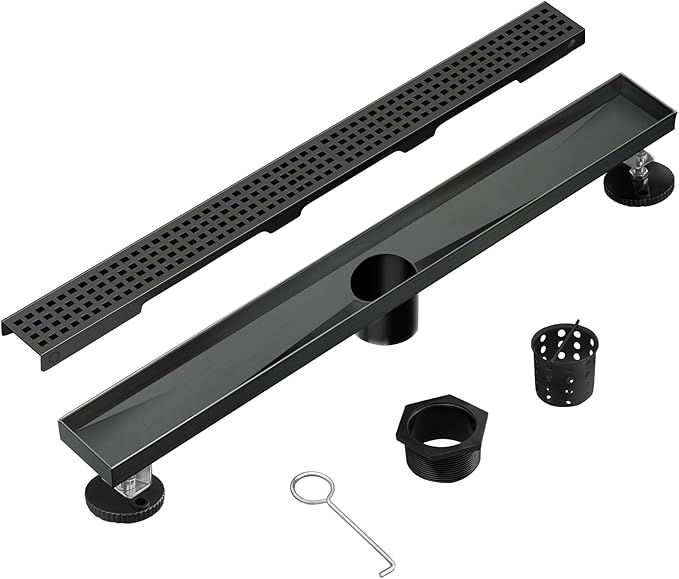 Linear Shower Drain, 40 inch Black Drain with Removable Grate Cover, Brushed 304 Stainless Steel Shower Floor Drain, Linear Drain with Hair Strainer and Adjustable Feet