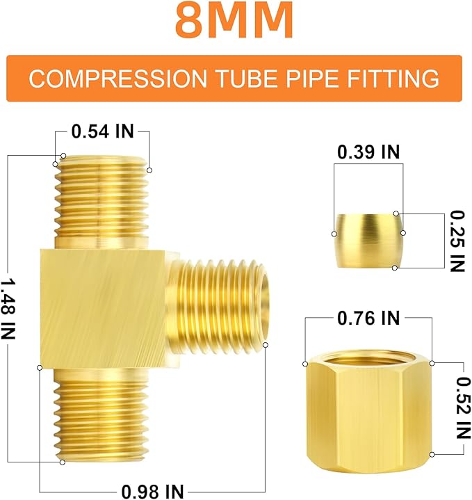 GASHER 2PCS Brass Compression Tube Pipe Fitting Connector, Tee，8mm x 8mm x 8mm Tube OD Connector