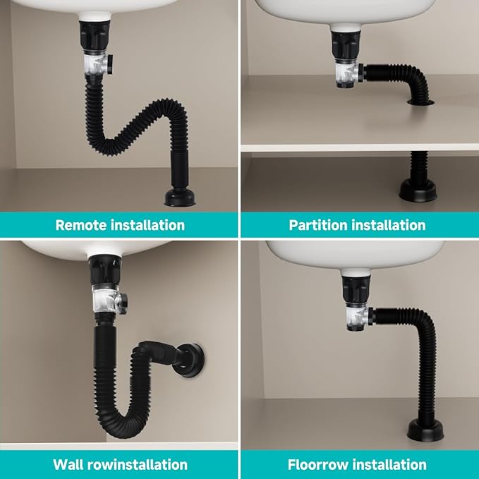 Flexible Sink Drain Pipe Kits,Adjustable Bathroom Sink P Trap with Overflow Fits 1-1/4",1-1/2"and 2" Drain Hole,Chrome