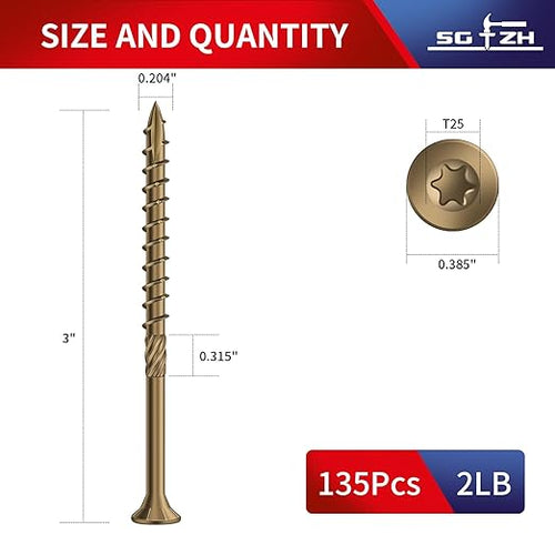 #10 x 3 Inch Deck Screws (135Pcs) 2lb. Carbon Steel, Yellow, Flat Head, Rust Resistant epoxy Coated, with T25 Star Bit