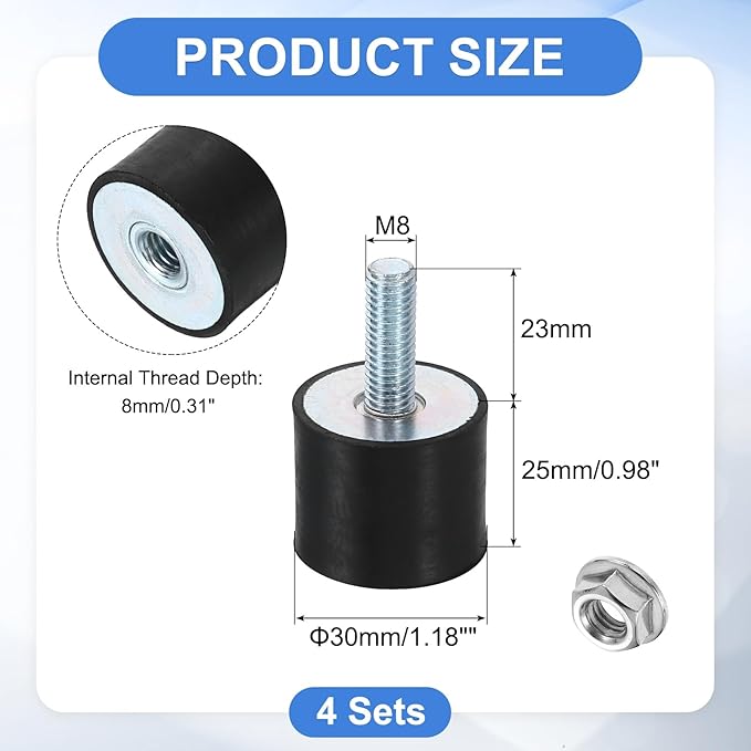 uxcell M8 Rubber Mounts, 4Pcs 30x25mm(DxH) Rubber Cylindrical Anti Vibration Isolator Shock Absorber with Lock Nut for Car Bobbin Generator Air Compressors
