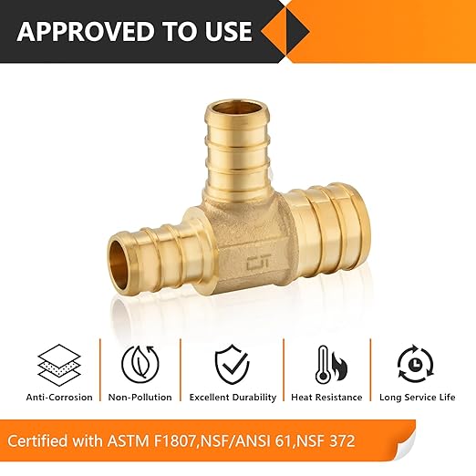 50-Pack HeSun PEX Fittings, 1"x3/4"x3/4" Pex Tee, Brass Crimp Fitting for ASTM F1807(PEX1807088-50)