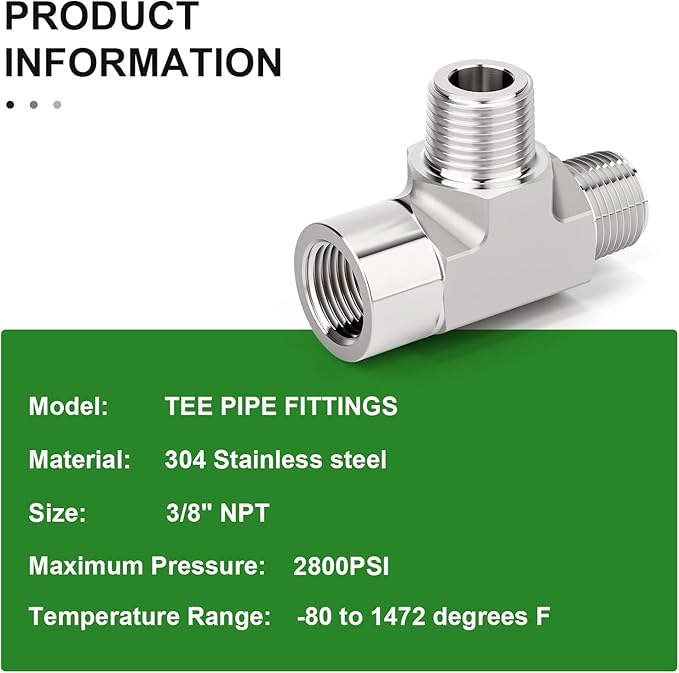 TAISHER 1PCS Forging of 304 Stainless Steel Tee Pipe Fittings, 3/8" NPT Female x 3/8" NPT Male x 3/8" NPT Male Pipe Fittings, Female Run Tee
