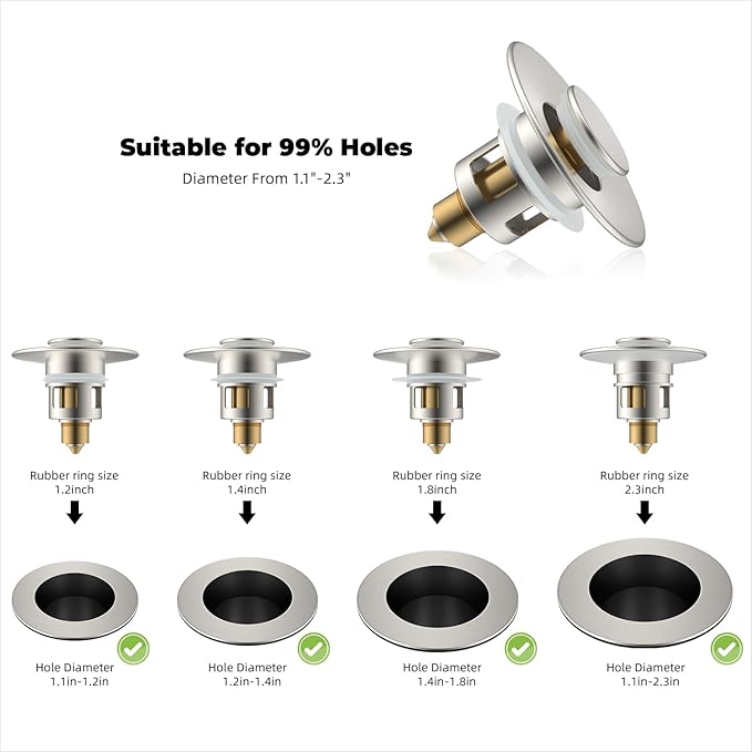 Hibbent All Metal Universal Bathroom Sink Stopper for 1.1''~2.3'' Basin, Pop Up Sink Drain Strainer, Brass Bullet Core Push Type Stopper, Stainless Steel Anti Clogging Drain Filter, Brushed Nickel