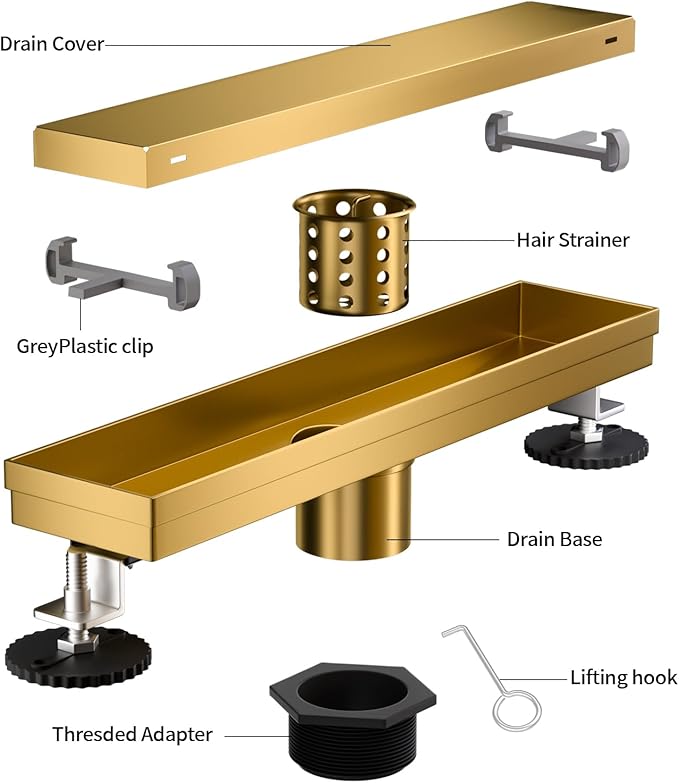 Linear Shower Drain, 304 Stainless Steel with Adjustable Leveling Feet, Hair Strainer,Reversely Install Place to Create an Invisible Floor Drain - Gold -18-Inch