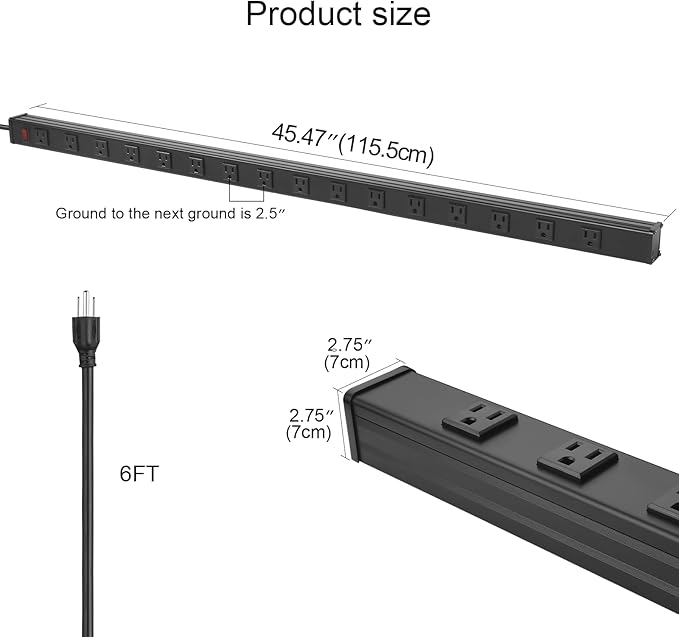 Heavy Duty Power Strip - 16 Outlet Industrial Metal Strip, 6FT Cord, 15A, 125V, 1875W (Black)