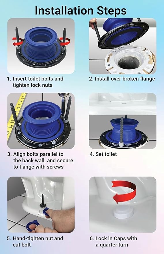 One N Done Toilet Flange Repair Kit - Toilet Kit For Low or Broken Flange. Toilet Wax Ring Replacement Kit W/Toilet Flange Extender Kit, Easy Toilet Bolts, & Toilet Caps For Bottom of Toilet. (2 Ea)