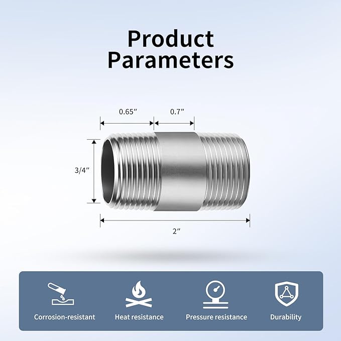 3/4"x2" 304 Stainless Steel Pipe, 3/4" NPTx 3/4" NPT Male Threaded Nipple, SCH40 Heavy Duty Pre-Cut Steel Pipe for Plumbing Gas, Hydraulic, and Industrial Applications(2", 2 Piece)