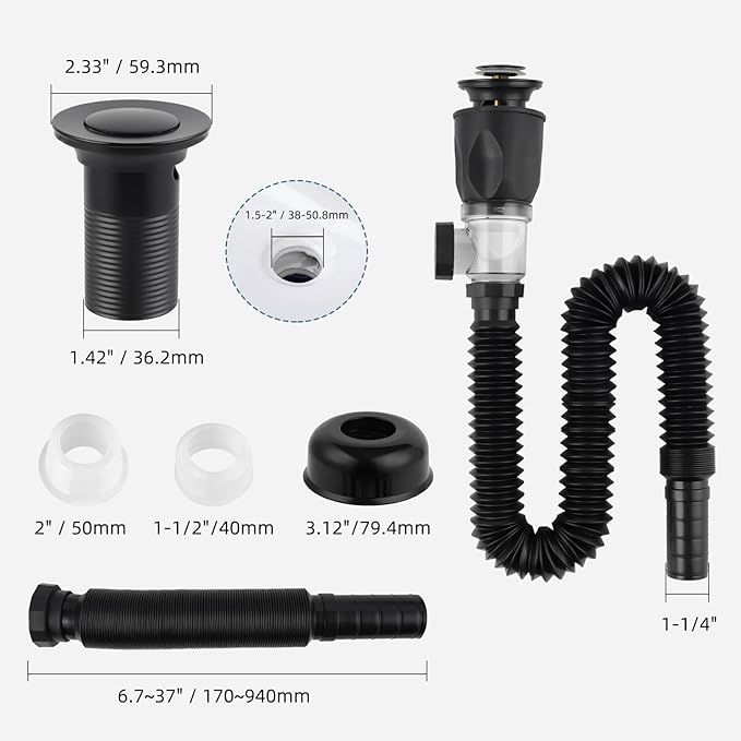 iFealClear Bathroom Sink Drain Kit, Flexible P-Trap Drain Pipe with Pop Up Stopper, Expandable Bathroom Sink Pipe Replacement with 2 Adapters, Fits 1-1/4'', 1-1/2'', 2" Holes, Hair Catcher, Black