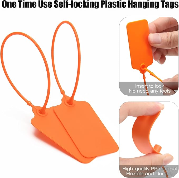 100 Orange Blank Plastic Tags for Labeling Waterproof Hanging Labels Writable Tags Seal Plastic Marking Label for Clothes Bags Keys Inventory with One Marker Pen