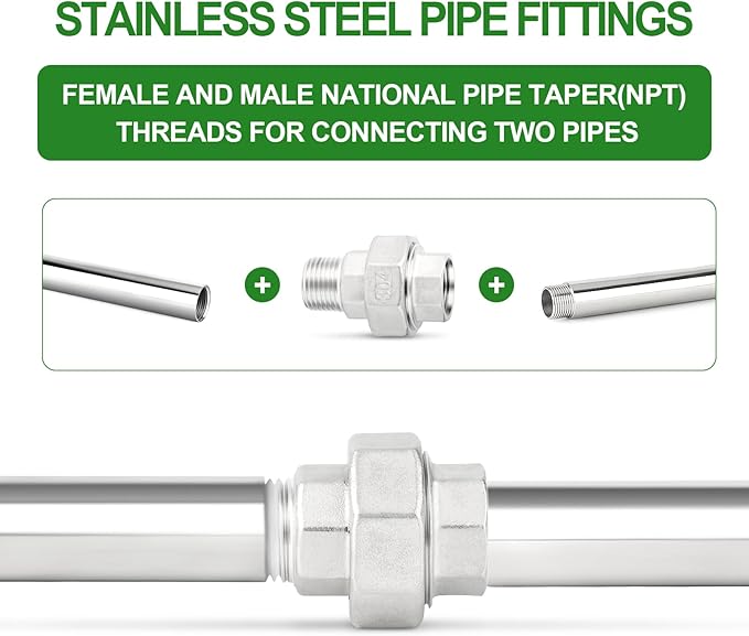 TAISHER 2PCS 304 Stainless Steel Union，3/8" NPT Male x 3/8" NPT Female Cast Pipe Fitting