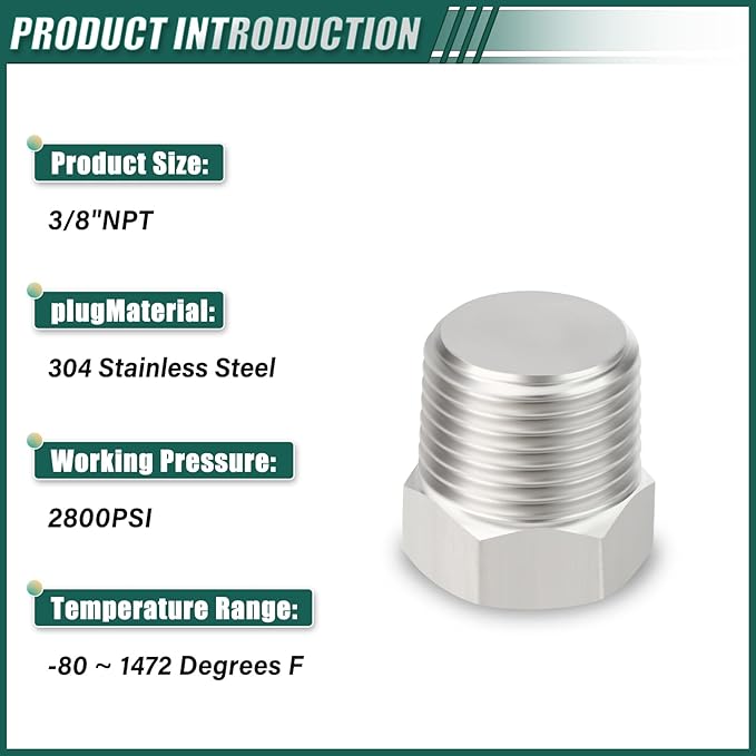 2PCS Stainless Steel Outer Hex Thread Socket Pipe Plug Fitting, 1/2" NPT Male, for Blocking or Sealing Holes in Pipes or Devices