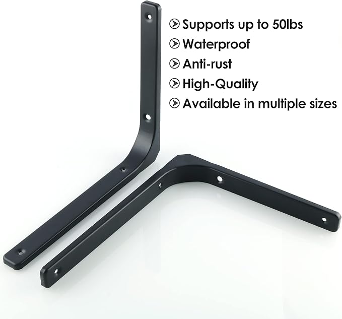 SAYAYO Black Shelf Bracket, 12 Inch L Shape Wall Bracket Heavy Duty Metal Bracket Hanging Angle Brackets Shelf Support, 2 PCS