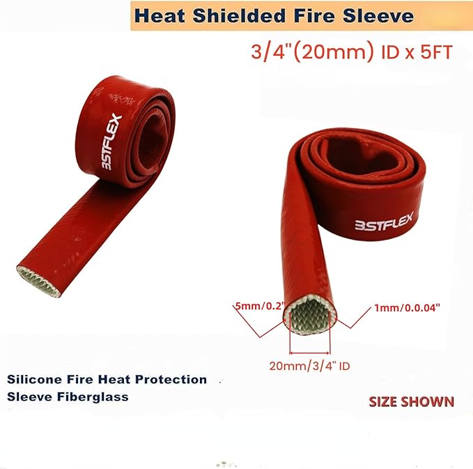 3/4"(20mm) ID Heat Shielded Fire Thermo Armor Fire Sleeve Silicone Coated Fiberglass for Automotive Hose Lines & Electrical Wiring Red, 5 feet