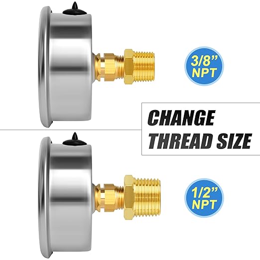 MEANLIN MEASURE 0~40Psi Stainless Steel 1/4" NPT 2.5" FACE DIAL Liquid Filled Pressure Gauge WOG Water Oil Air, Cencter Back Mount, with 1/2" NPT and 3/8" NPT Hex Bushing