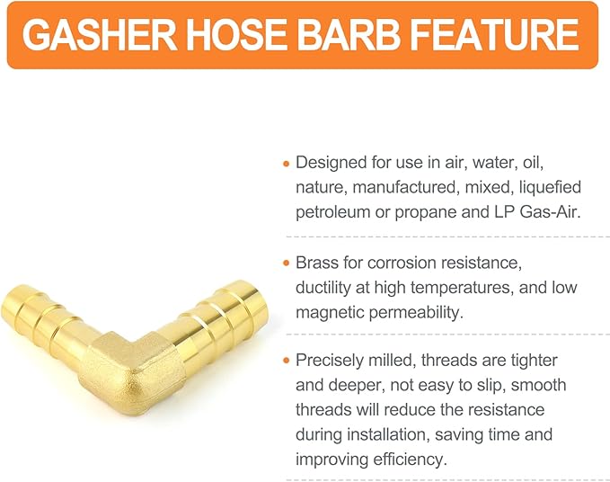 GASHER 2 Pieces Brass Hose Barb Reducer, 3/8 Inch to 5/16 Inch Barb Hose ID 90 Degree L Right Angle Elbow with 4 Hose Clamps, Brass Barb Reducer SPLICER Fitting Fuel/AIR/Water/Oil/Gas/WOG