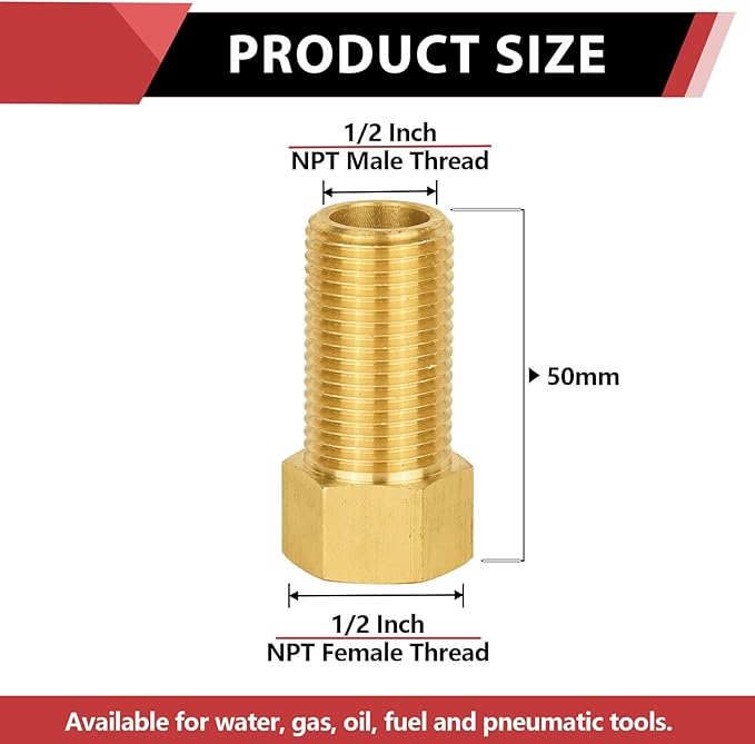 (Pack of 2) EFIELD 1/2" Male Pipe (NPSM) x 1/2" Female Pipe(NPSF) Extension Brass Fitting Adapter, 50MM Length, Hex Connector with Sealing Tape,(NPT136)