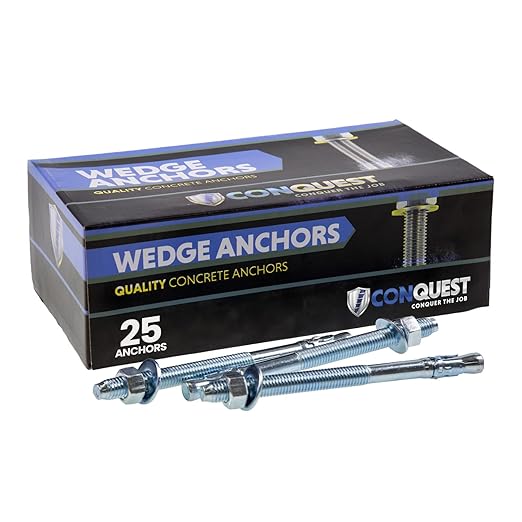 Conquest Zinc Plated Carbon Steel Concrete Wedge Anchors 1/2" x 7" - Heavy Duty Anchor Bolts for Interior Dry Environments and General Purpose Use (25 Pack)