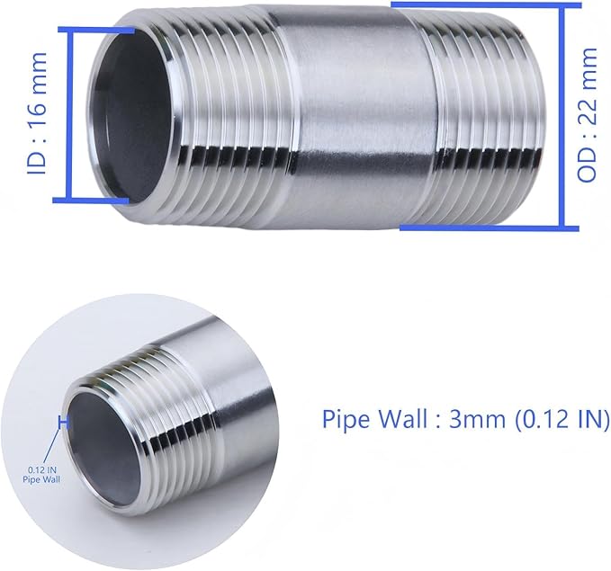 CONSTELLAR 304 Stainless Steel Pipe Fitting - 1/2" NPT Male x 1/2" NPT Male Threaded Thickened Pipe Wall, 50mm (2 inch) Length Heavy Nipple Seamless Pipe (1 Pcs)