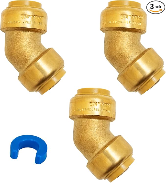 SUNGATOR 3/4 Inch 45 Degree Elbow, No Lead Brass Plumbing Fittings Push to Connect PEX Pipe, Copper, CPVC, PE-RT, with 1 Disconnect Clip, Pack of 3