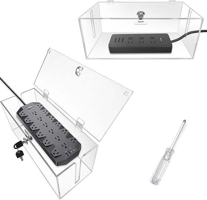 2PC Cable Management Box with Lock,Acrylic,Cable Organizer Box & Power Strip Cover, Wire Organizer for Surge Protector Power Strip,TV Computer,Cable Wires of Home,Office,Child and Pet Proof