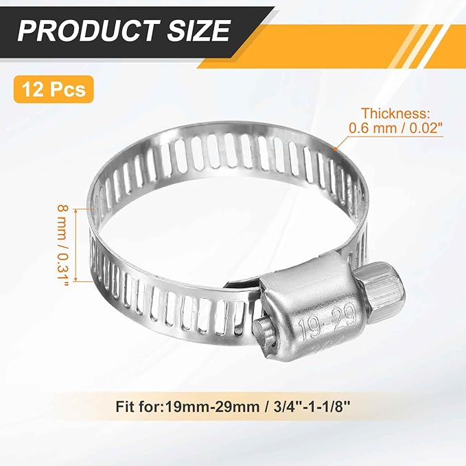 HARFINGTON 12 Pcs Hose Clamp 3/4"-1-1/8" (19-29mm) 304 Stainless Steel Adjustable Worm Gear Hose Clamp with Phillips Screw Assortment Kit for Fuel Line Pipe Plumbing Automotive Tube