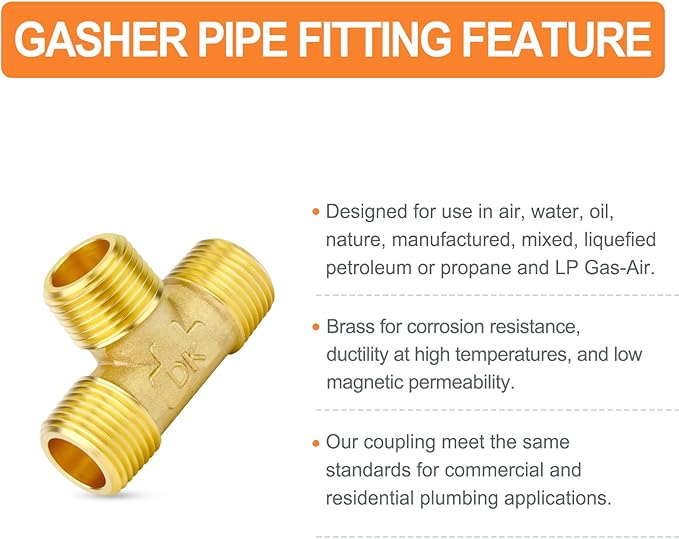 GASHER 5PCS Brass Male Tee Pipe Fitting T Adapter, 3 Way Brass Fitting 1/8" x 1/8" x 1/8" NPT T Fitting