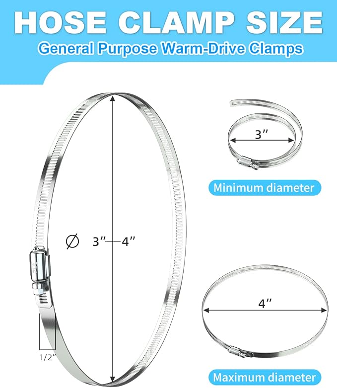 Hose Clamp Set - 10PCS 3 inch 304 Stainless Steel Worm Gear Hose Clamps for Fuel Line,dryer,Intercooler，Garden Water Pipe and Washing machine,Automotive Plumbing,4'' hose clamps