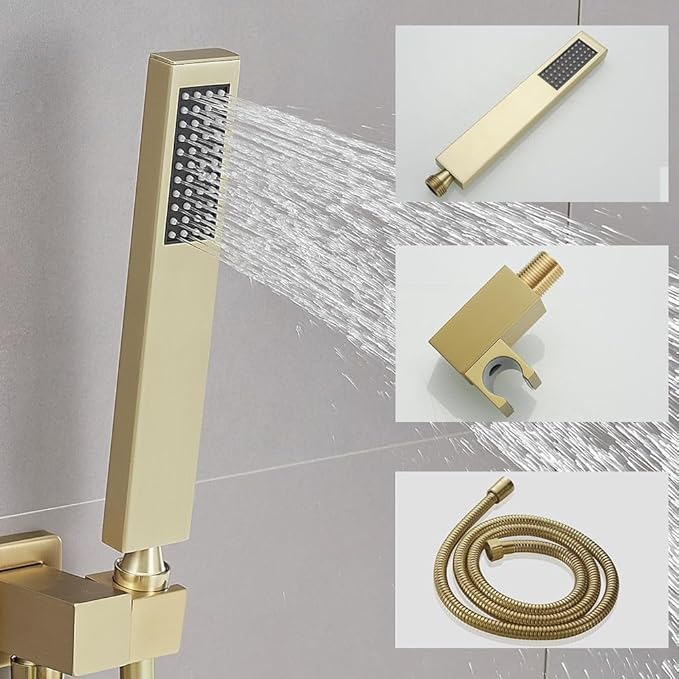 Brushed Gold Shower System 12 Inch Bathroom Luxury Rain Mixer Shower Combo Set Wall Mounted Rainfall Shower Head and Handheld System Shower Faucet Set Rough-in Valve Body and Trim Kit