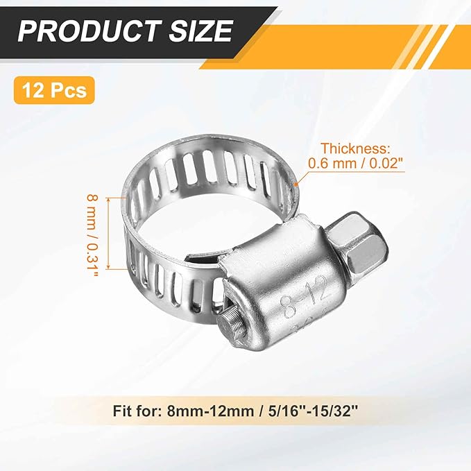HARFINGTON 12 Pcs Hose Clamp 5/16"-15/32" (8-12mm) 304 Stainless Steel Adjustable Worm Gear Hose Clamp with Phillips Screw Assortment Kit for Fuel Line Pipe Plumbing Automotive Tube