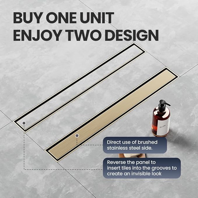 Linear Shower Drain 54 Inch Gold, Brushed AISI 304 Stainless Steel Shower Drain with 2-in-1 Tile Insert Panel, for Bathroom, Kitchen, Garage & More