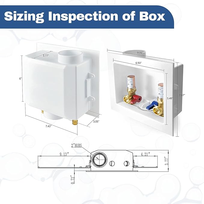 1-PACK GUOFIS Washing Machine Outlet Box with Copper Water Hammer Arrestor, PEX Laundry Washer Box with Central and Side Drain Design(1/2"PEX Crimp Connection Inlet X 3/4"MHT Outlet)(WM012)